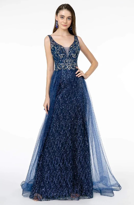 Wedding dresses with a detachable skirt for versatility​ Mini wedding guest dresses with glittery accents for a trendy look GLS by Gloria - GL1840 Jeweled Bodice Glitter Overskirt Gown