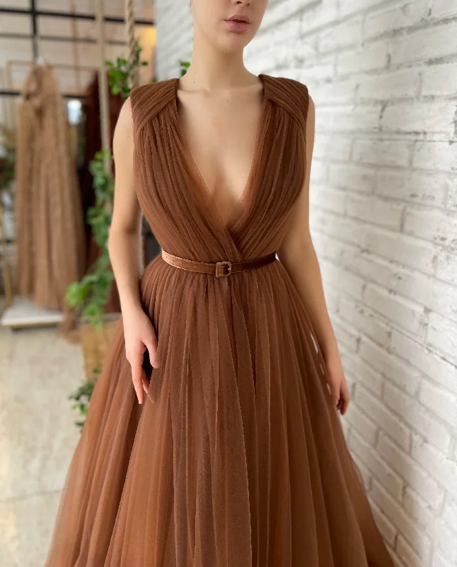 Cotton mini dresses for a comfortable everyday option Mocha Pleated Gown