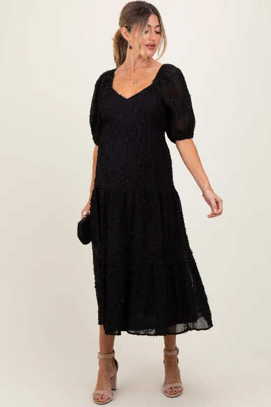 Maternity dress for a baby's first visit to the rock garden Black Embroidered Floral Overlay Maternity Midi Dress