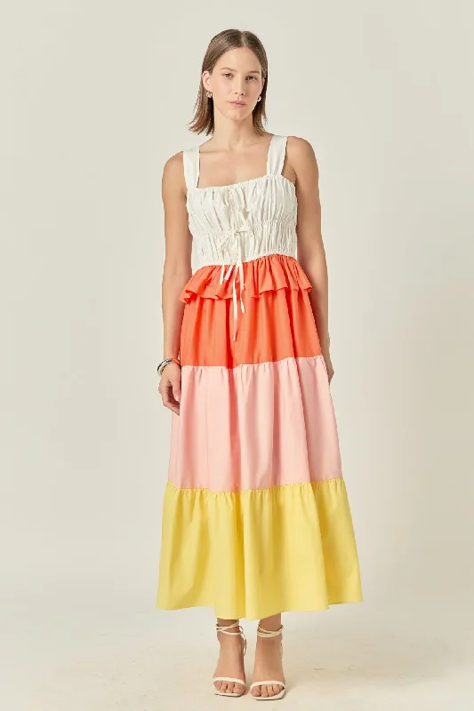Picnic - Ready Casual Dresses in Bright Colors​ Color Block Tied Detail Shirring Dress