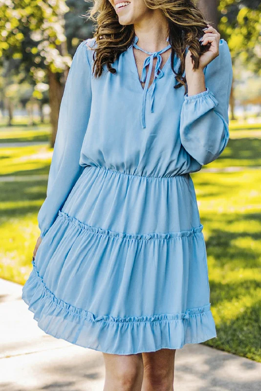 Plaid mini dresses for fall fashion Light Blue V Neck Long Sleeve Ruffle Tiered Mini Dress