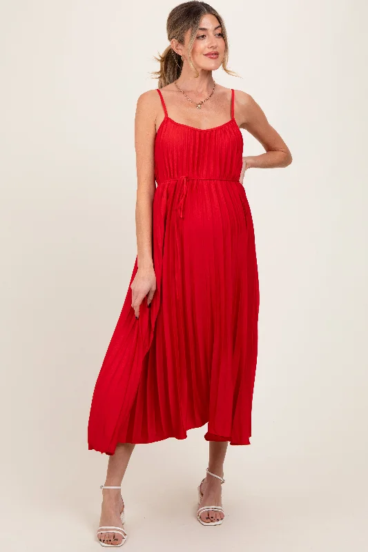 Maternity dress for a baby's first visit to the planetarium Red Pleated Sash Tie Maternity Midi Dress
