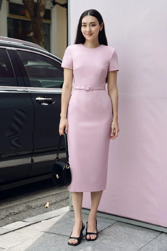 A - line midi dresses with floral prints for spring brunches Weber Pencil Round Neck Polycotton Midi Dress