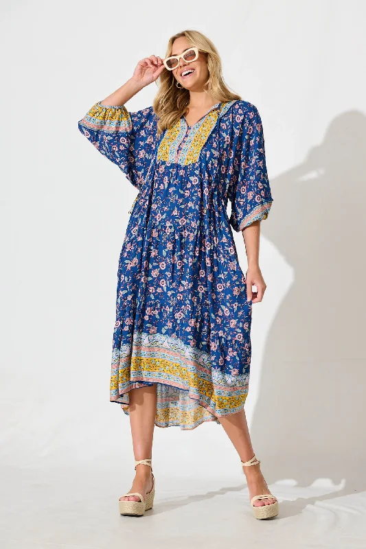  Barrymore Midi Smock Dress in Cobalt with Multi Print