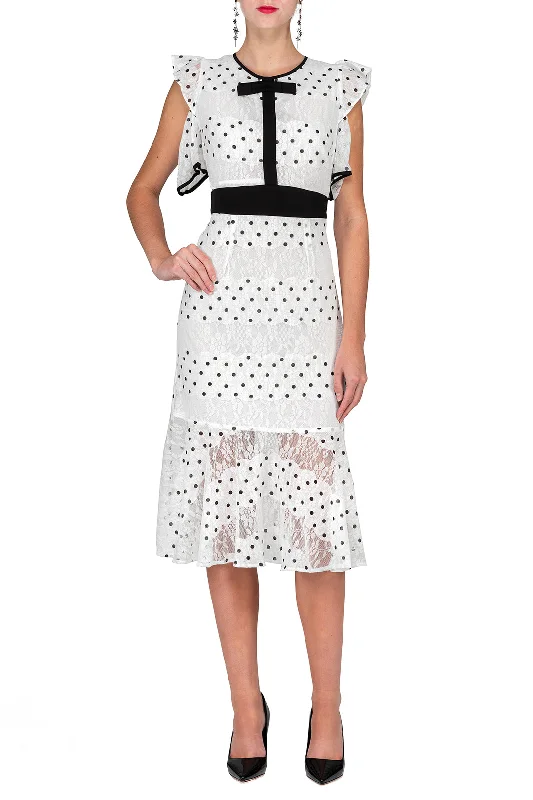 TWO PEARS-Shoulder Cut Sleeve Ruffle Hem Dot Print Sheath Dress