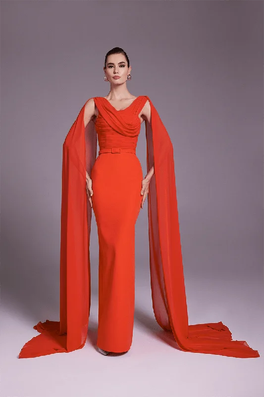 Square - neck wedding dresses with a demure look​ Plaid wedding guest dresses in muted colors for a fall wedding MNM Couture N0534 - Shoulder Drape Crepe Gown