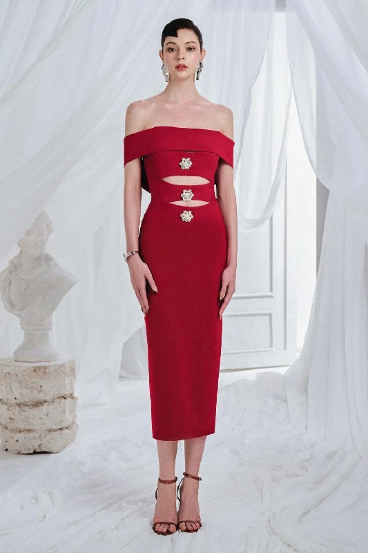 Midi dresses with puff sleeves for a vintage - inspired look Yates Sheath Cut-Out Spandex Midi Dress