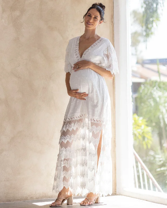 Maternity dress with pockets for convenience Roxy Lace Baby Shower Dress - White