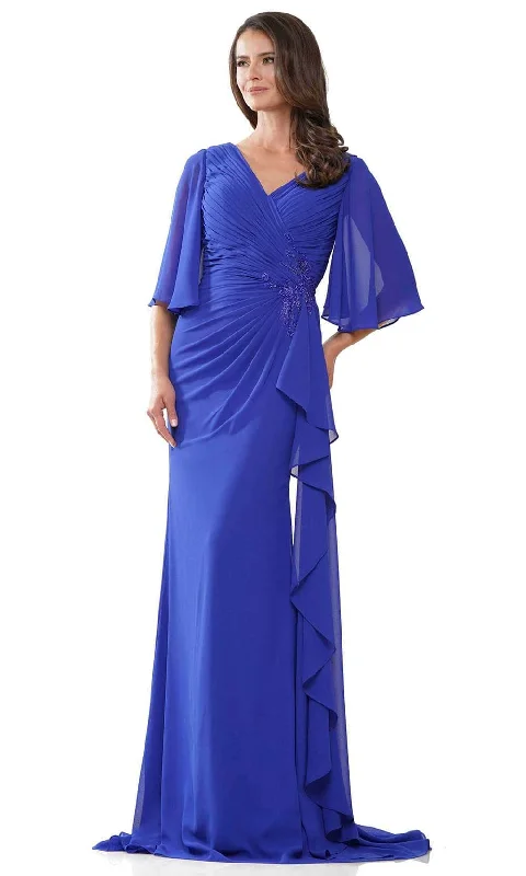 Wedding dresses with a ruched bodice for a textured look Wedding guest dresses with cold - shoulder ruffled sleeves and knee - length hems Rina Di Montella RD2935 - Chiffon V-Neck Evening Gown