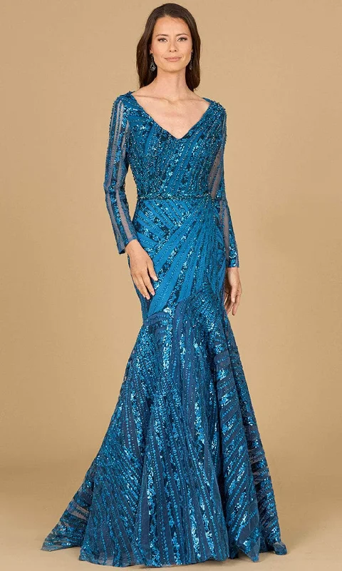 Sheath satin wedding dresses for a sleek appearance​ Midi wedding guest dresses in navy blue for a formal affair Lara Dresses 29188 - Long Sleeve Embellished Evening Gown