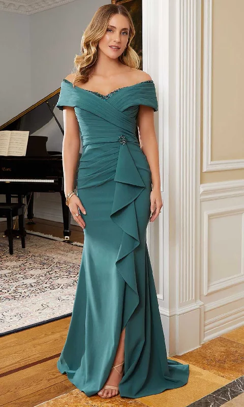 Embroidered wedding dresses with metallic threads​ Halter - neck wedding guest dresses with beaded straps MGNY By Mori Lee 72827 - Ruffle Draped Evening Gown