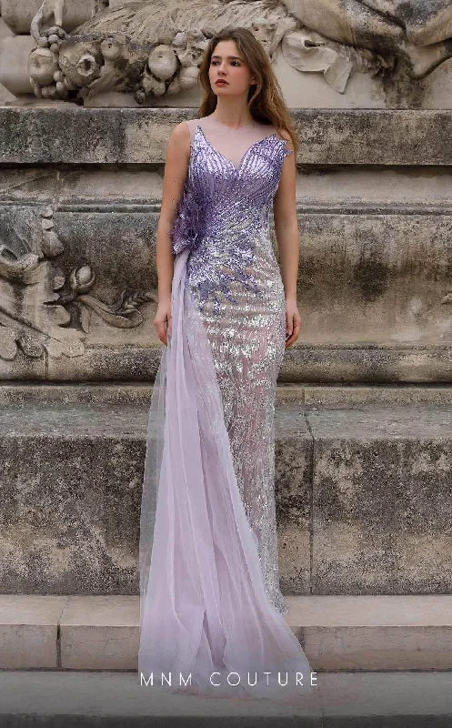 Tulle - over - satin wedding dresses for a soft look​ Wedding guest dresses with mesh panels and empire waists MNM Couture K4056 - Illusion Neckline Embellished Gown
