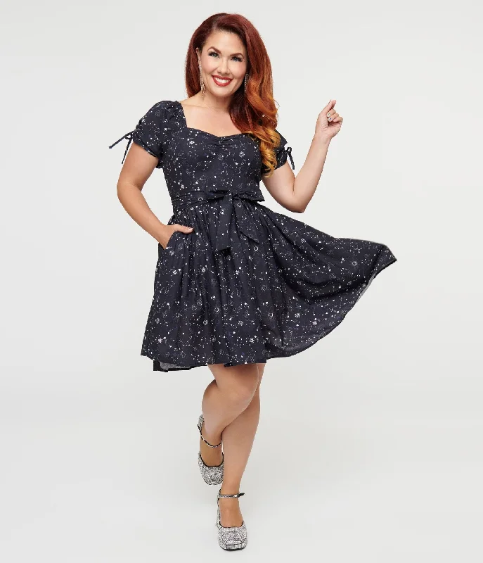 Everyday Dress with Coordinating Belt for a Polished Ensemble​ Unique Vintage 1950s Navy Cosmos Print Swing Dress