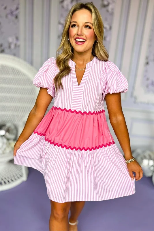 Mini dresses with spaghetti straps for a delicate look Pink Colorblock Ric Rac Split Neck Puff Short Sleeve Dress
