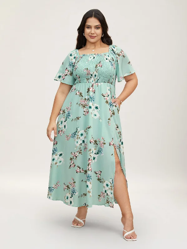 Everyday Dress with Printed Bodice for a Statement Look​ Floral Square Neck Ruffles Pocket Shirred Split Dress