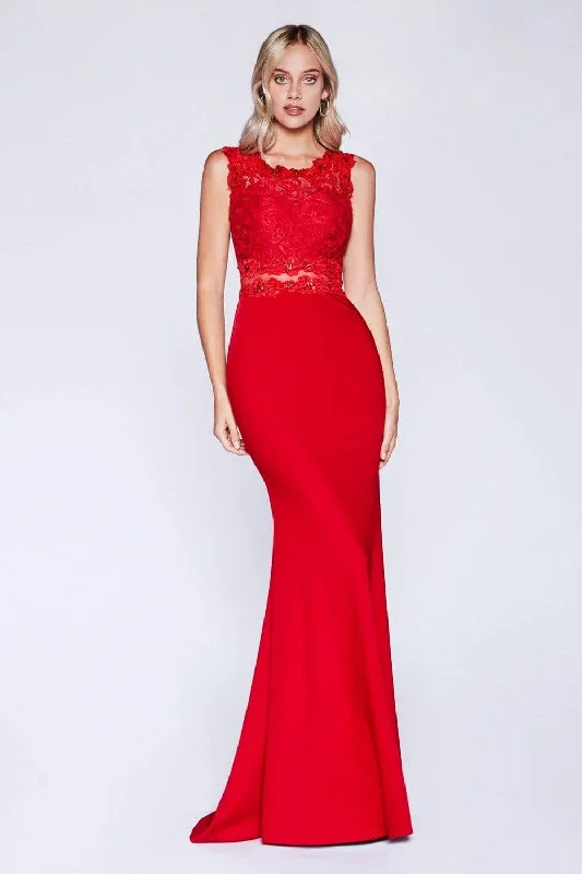 Ruffled wedding dresses with a cascading effect​ Velvet - trimmed wedding guest dresses in burgundy for a formal event Cinderella Divine - CF115 Sleeveless Lace Stretch Knit Sheath Dress