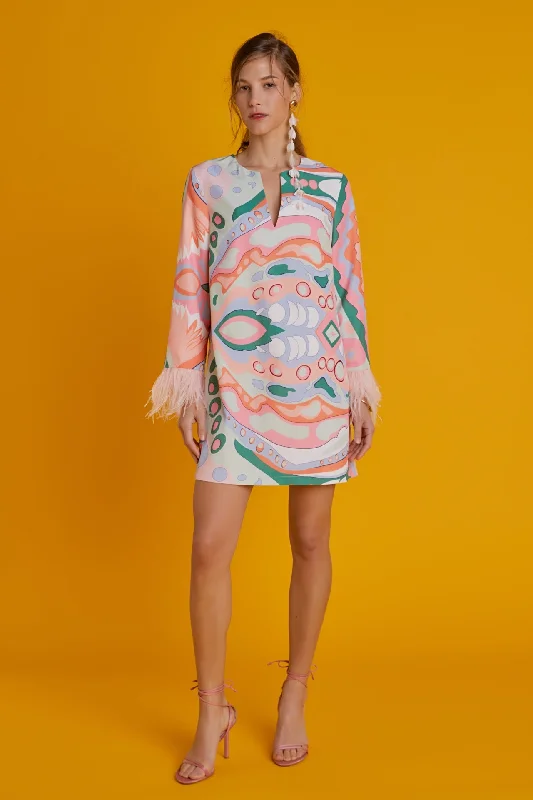 Smocked Waist Casual Dresses for Comfort​ Print Mini Tunic Dress With Feather