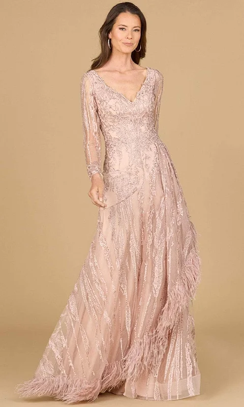 Long - train wedding dresses with a sweep train option​ Wedding guest dresses with abstract prints and long trains Lara Dresses 29133 - Deep V-Neck Lace Evening Gown