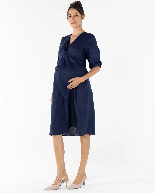 Maternity dress for a baby's first visit to the herb garden Elea Navy Work Dress in Linen