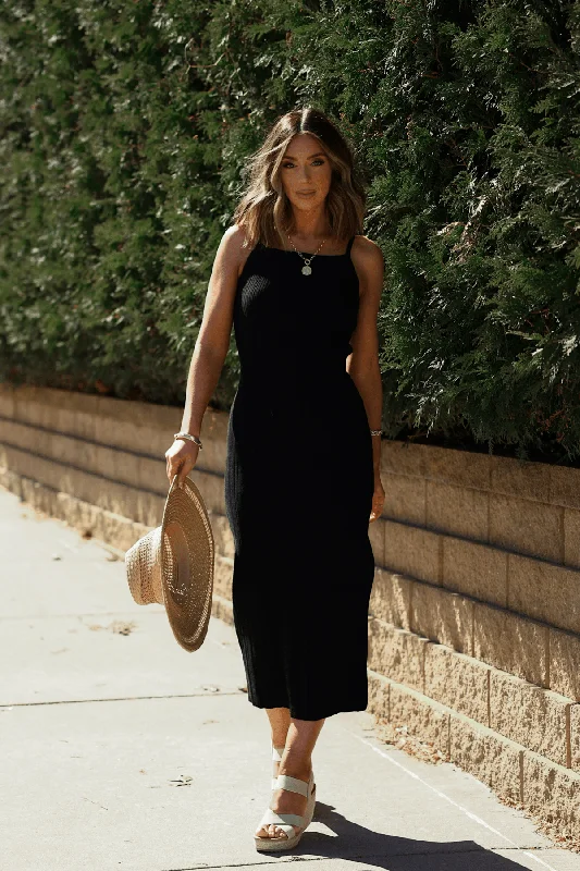 Non - Slip Casual Dresses with Adjustable Straps​ Anna Claire Black Ribbed Slit Midi Dress