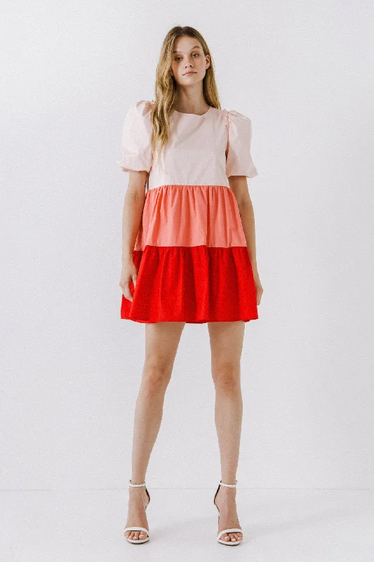 Short - Sleeve Casual Dresses with Printed Graphics​ Colorblock Babydoll Dress