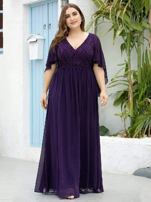 A - line wedding dresses with a beaded neckline​ Wedding guest dresses with belted waists and knee - length skirts Plus Size Deep V Neck Lace Bodice Long Flowy Evening Dress