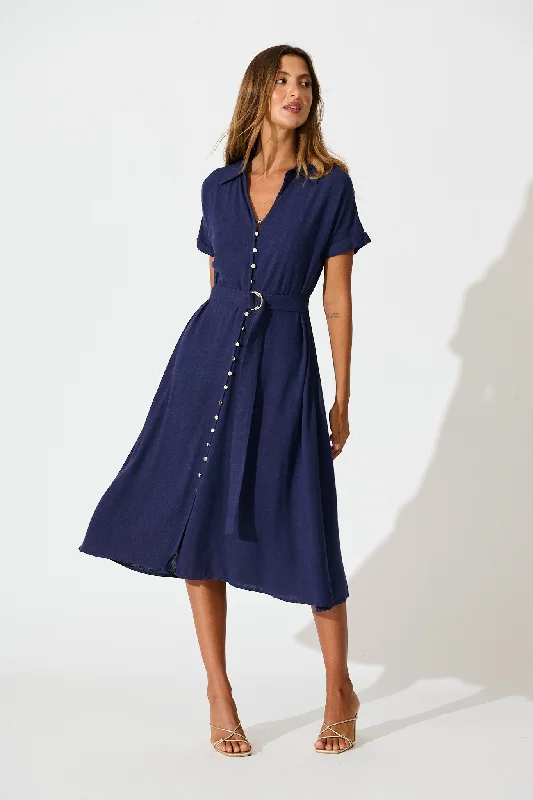 Everyday Dress with Wrinkle - resistant Material for Convenience​ Alyssa Midi Shirt Dress in Navy Linen Blend