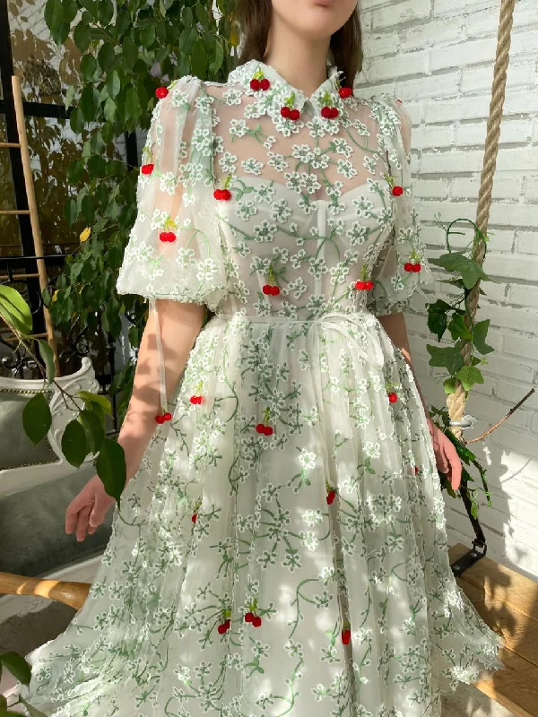 Mini dresses with pom - pom trims for a playful feel Springtime Cherry Dress
