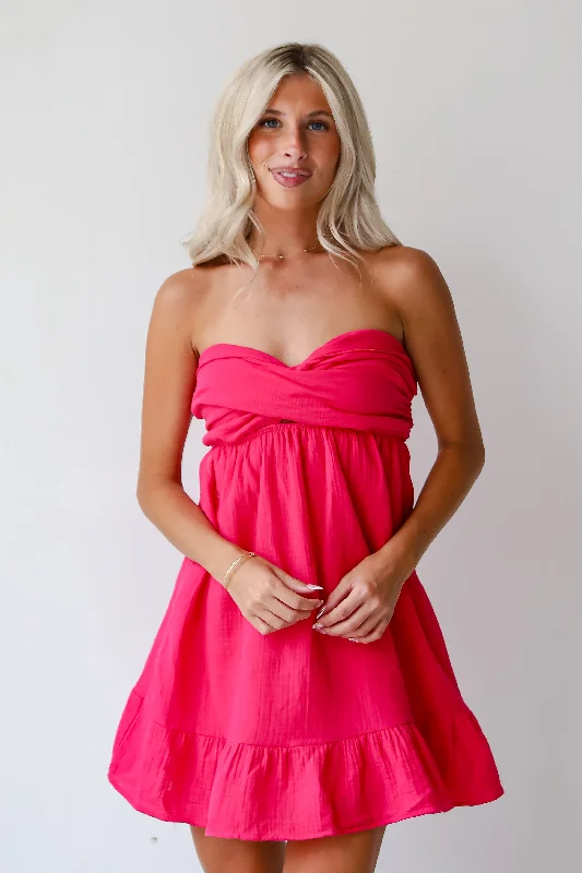 Mini dresses with bow accents for a sweet look FINAL SALE - Adorable Character Fuchsia Strapless Linen Mini Dress