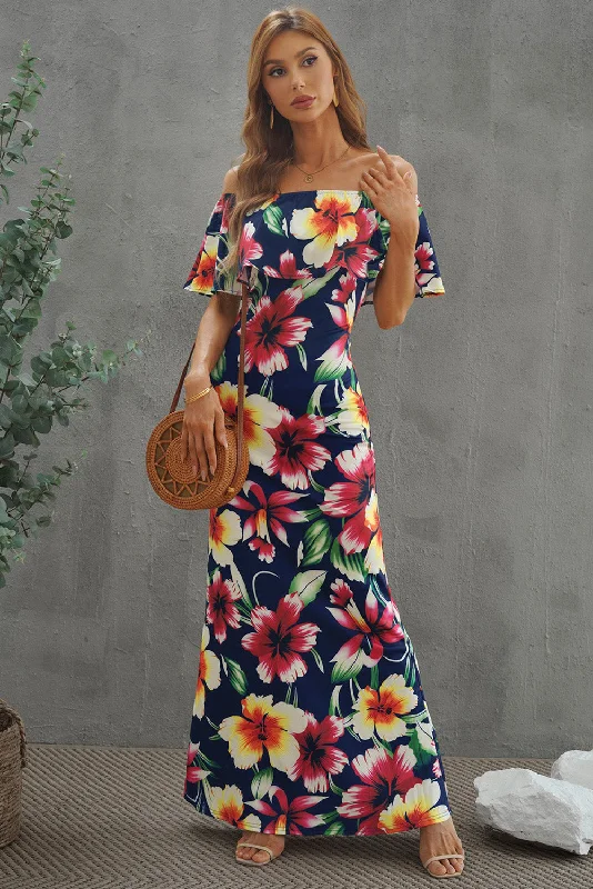 Everyday Dress with Tiered Skirt for a Voluminous Look​ Floral Layered Off-Shoulder Maxi Dress