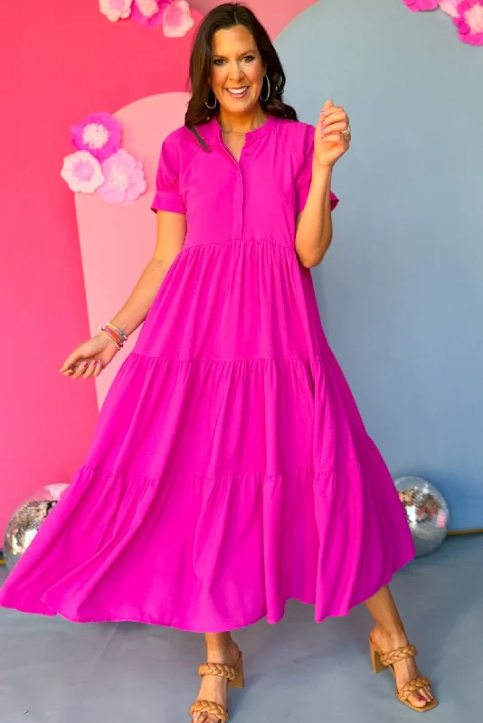 Mini dresses with empire waists for a flattering fit Magenta Button Front Tiered Short Sleeve Maxi Dress