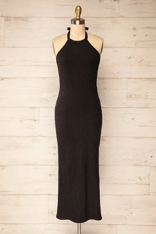 Printed mini dresses for a casual day out Anikara | Black Ribbed Midi Halter Dress