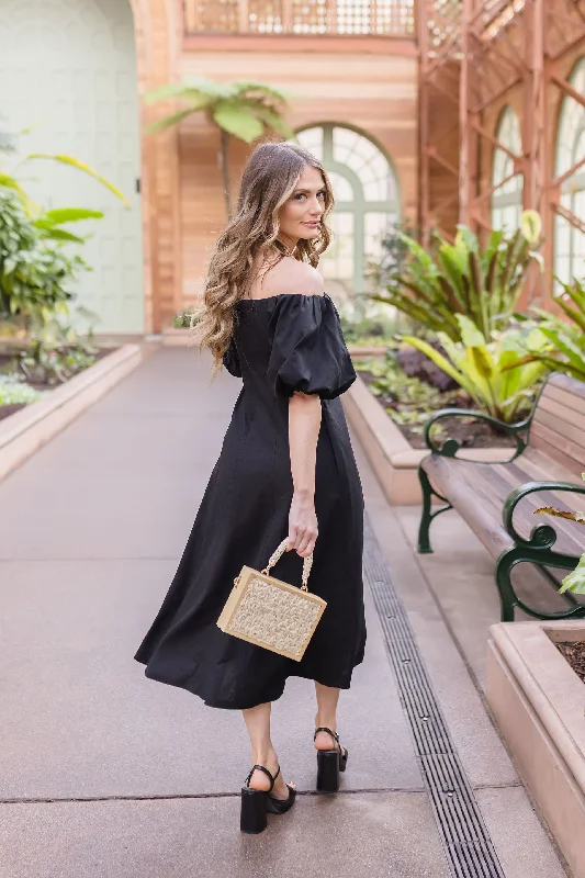 Machine - Washable Casual Dresses for Hassle - Free Care​ Jill Off The Shoulder Puff Sleeve Linen Midi Dress Black