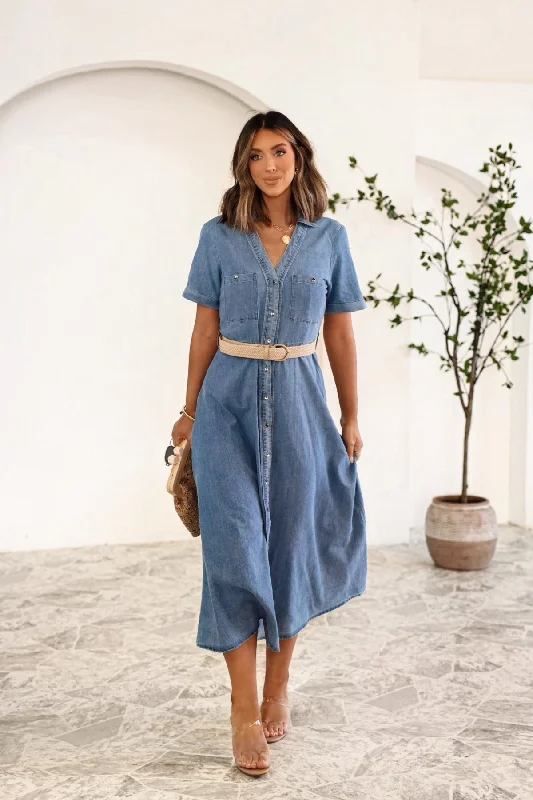 Work - from - Home Casual Dresses for Comfort and Style​ Denim Belted Midi Dress