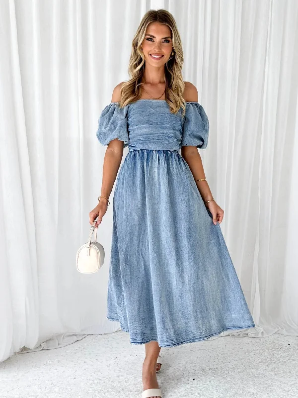 Everyday Dress with Darted Bodice for a Flattering Fit​ Off-Shoulder Balloon Sleeve Denim Dress