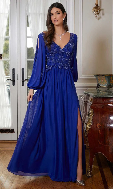 Long - sleeved lace wedding dresses for a modest style​ Sequined wedding guest dresses for an evening wedding MGNY By Mori Lee 72822 - Split Bishop Sleeve Evening Gown