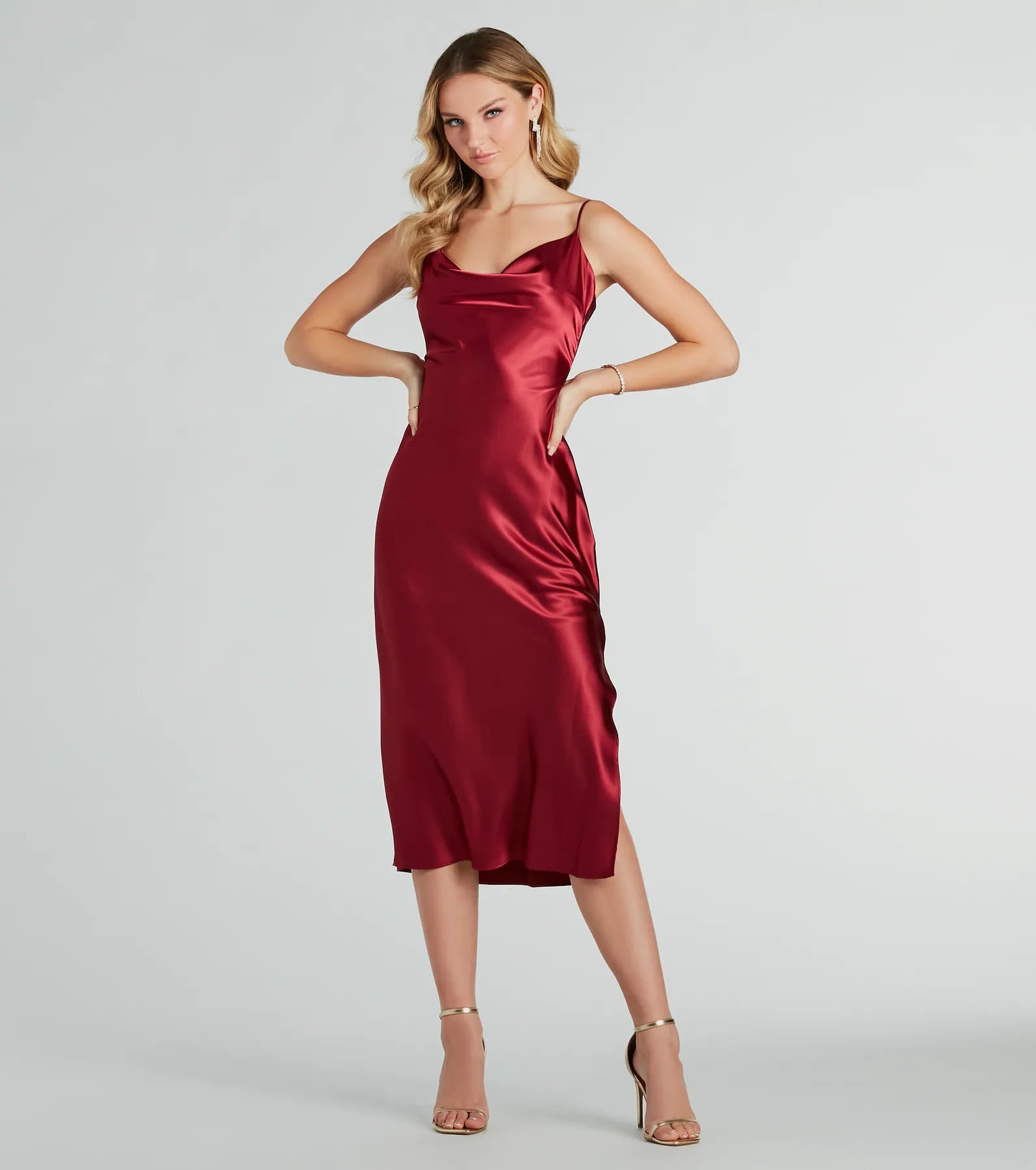 Midi dresses with side slits for a sexy and elegant appearance All The Elegance Satin Slip Midi Dress