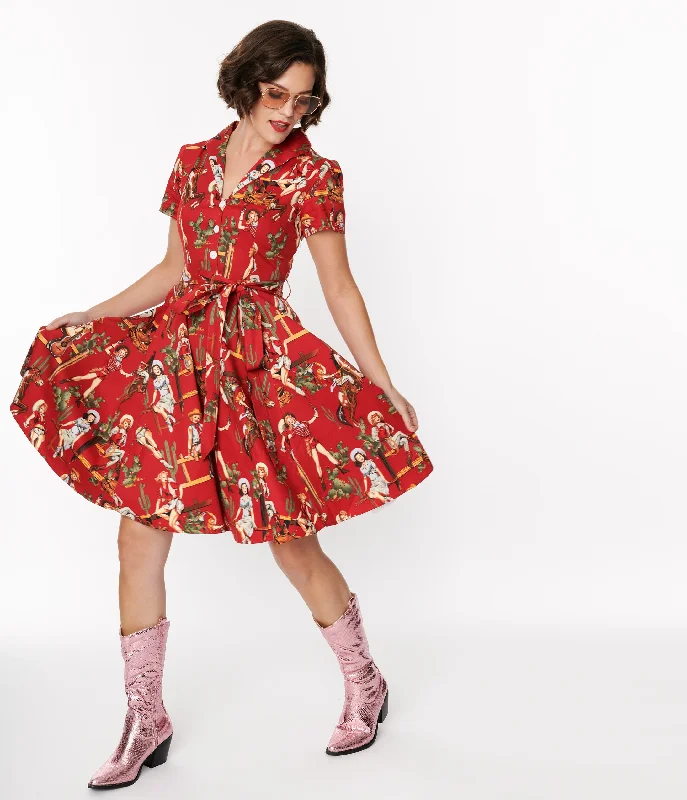 Everyday Dress with Solid - color Bodice and Printed Skirt for a Contrast Look​ Red & Cowgirl Print Swing Shirt Dress