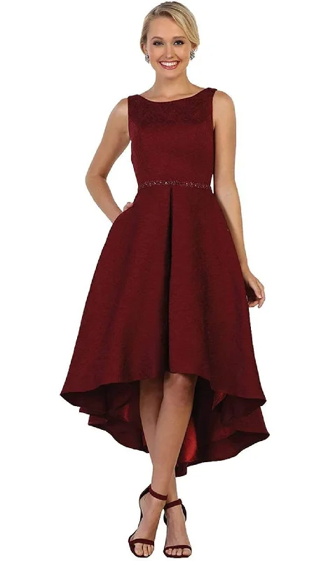 Wedding dresses with a corseted bodice for a cinched waist​ Satin wedding guest dresses with side slits for a sexy touch May Queen - RQ7604 Embellished Bateau High Low A-line Cocktail Dress