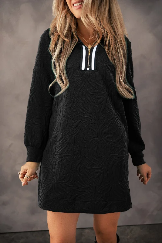 Mini dresses with bow accents for a sweet look Black Jacquard Textured Quarter Zipper Shift Mini Dress