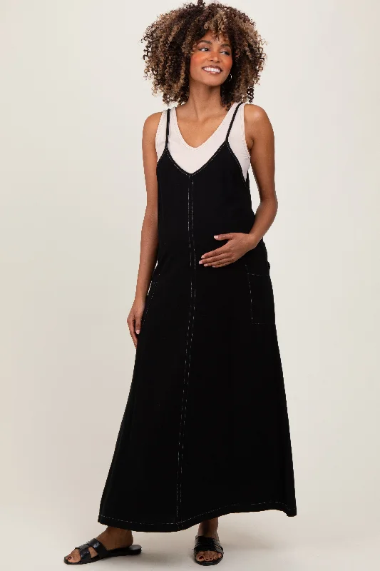 Maternity dress for a baby's first visit to the sensory garden Black Linen Mixed Overall Maternity Midi Dress