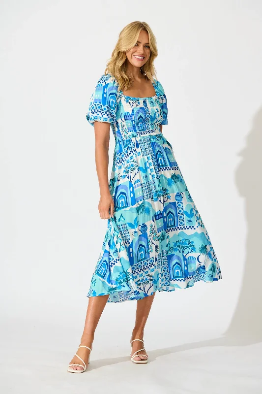 Casual Everyday Dress for Women in Cotton​ Mariam Midi Dress In Blue Multi