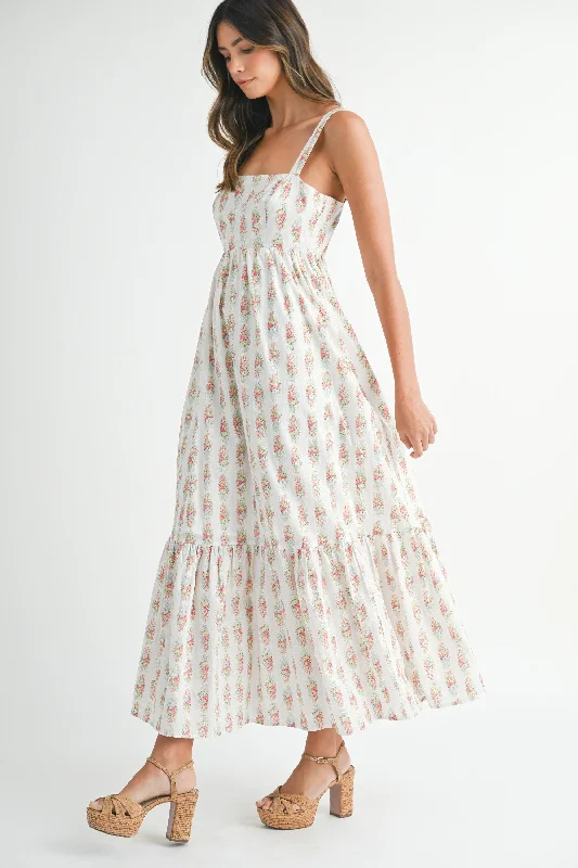 Faux Fur - Lined Casual Dresses for Winter Warmth​ Phoenix Sleeveless Floral Print Babydoll Tiered Maxi Dress White