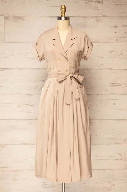 Mini dresses with embroidered details for a unique touch Waverly Beige | Double-Breasted Dress w/ Tie Belt