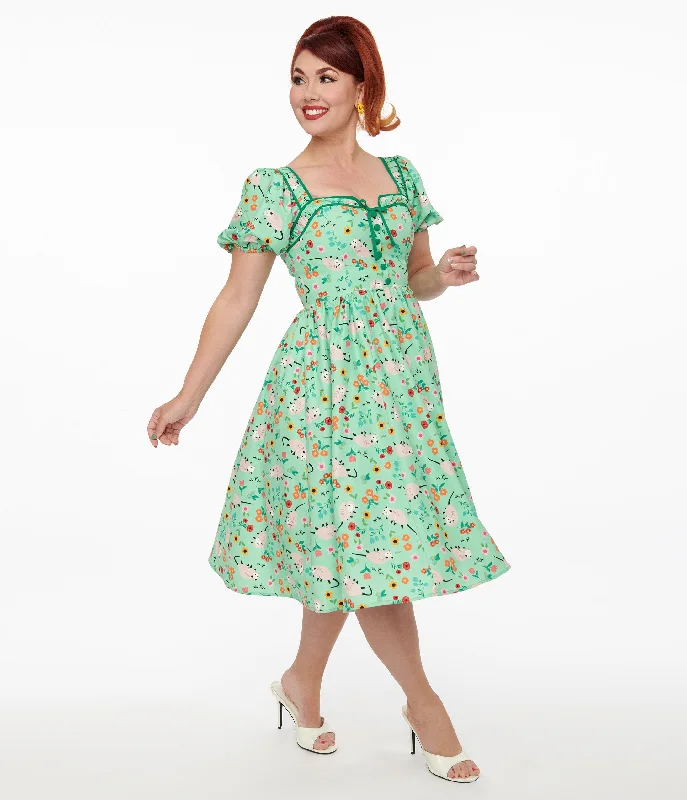 Everyday Maxi Dress with Floral Print​ Unique Vintage 1940s Green Possum Print Button Front Dress