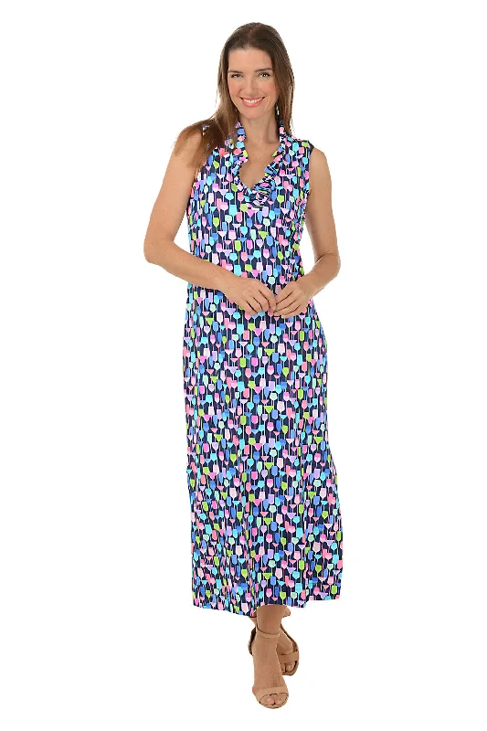 Pleated Casual Dresses for a Structured Look​ Wine Glasses UPF50+ Ruffle Neck Sleeveless Maxi Dress