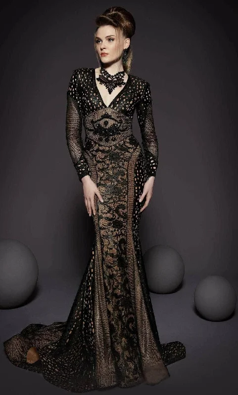 Tulle - over - satin wedding dresses for a soft look​ Wedding guest dresses with mesh panels and empire waists MNM Couture 2468 - Edgy-Style Laced Evening Gown