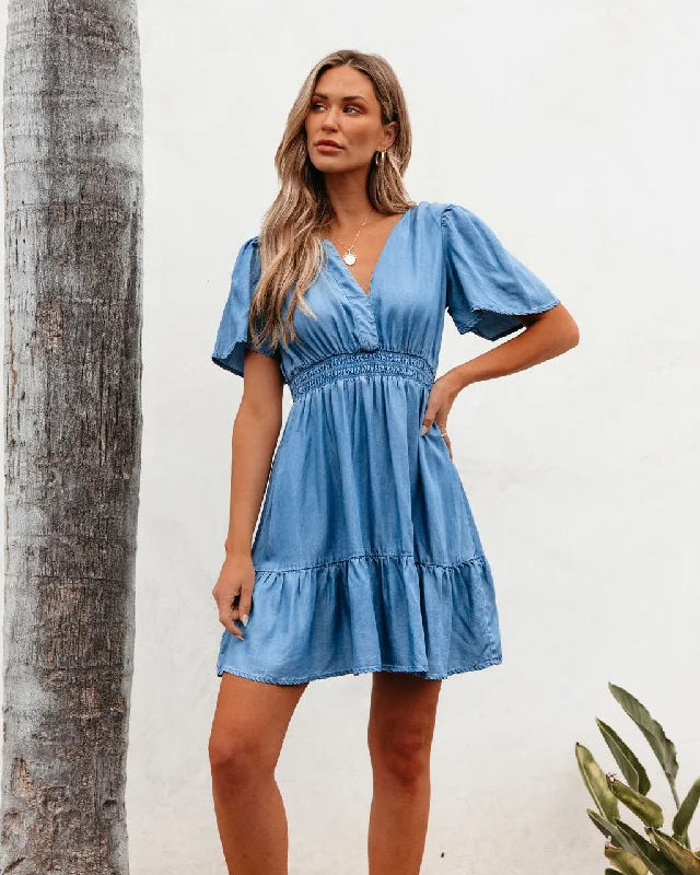 Polyester - Cotton Blend Casual Dresses​ Chambray Split Neck Smocked Mini Dress