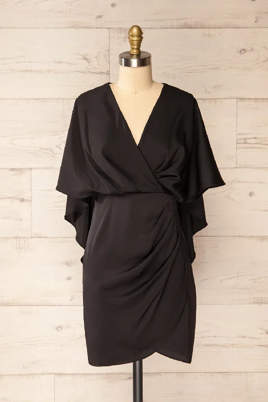 Ruffled mini dresses for a romantic touch Milanoa Black | Short Satin Dress w/ Cape