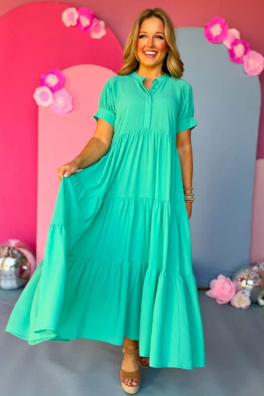 Linen mini dresses for a breathable summer option Emerald Button Front Tiered Short Sleeve Maxi Dress